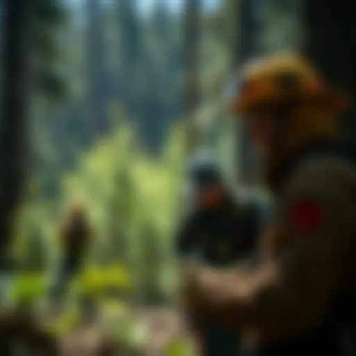 Job Corps participants engaged in firefighting training amidst lush forestry