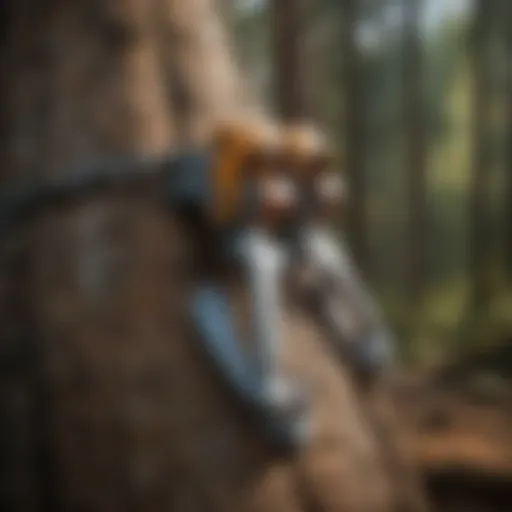 Close-up view of weaver climbing spurs attached to a tree trunk showcasing their design and functionality.