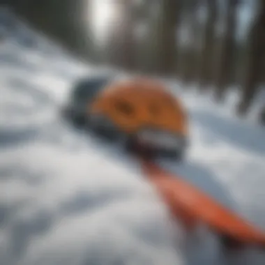 Safety gear laid out on the snow, including helmets and warm clothing.