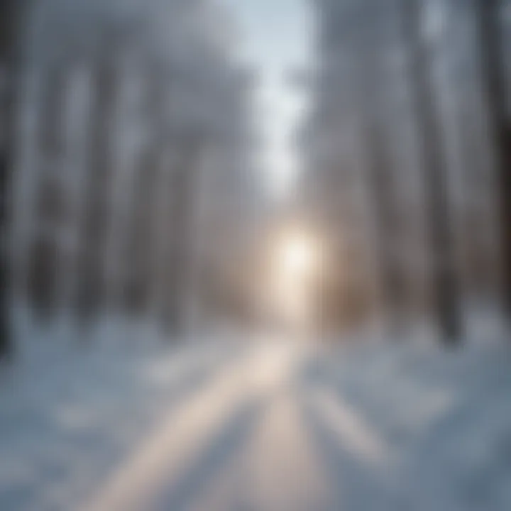 A serene winter woodland landscape with fresh snow covering the ground and trees.