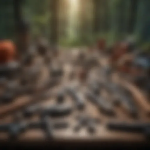 An array of forestry tools arranged neatly on a wooden table, highlighting their used condition and functionality.