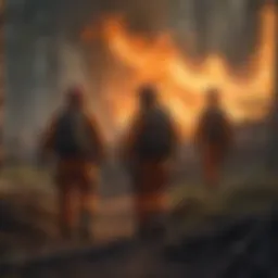 A wildfire crew in action, battling flames in a dense forest