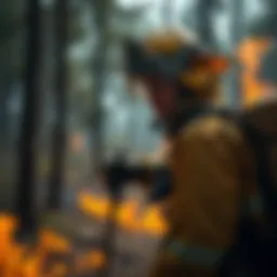 A wildland firefighter in action during a forest fire