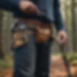 Close up of wood cutting chaps showcasing durable fabric and safety features