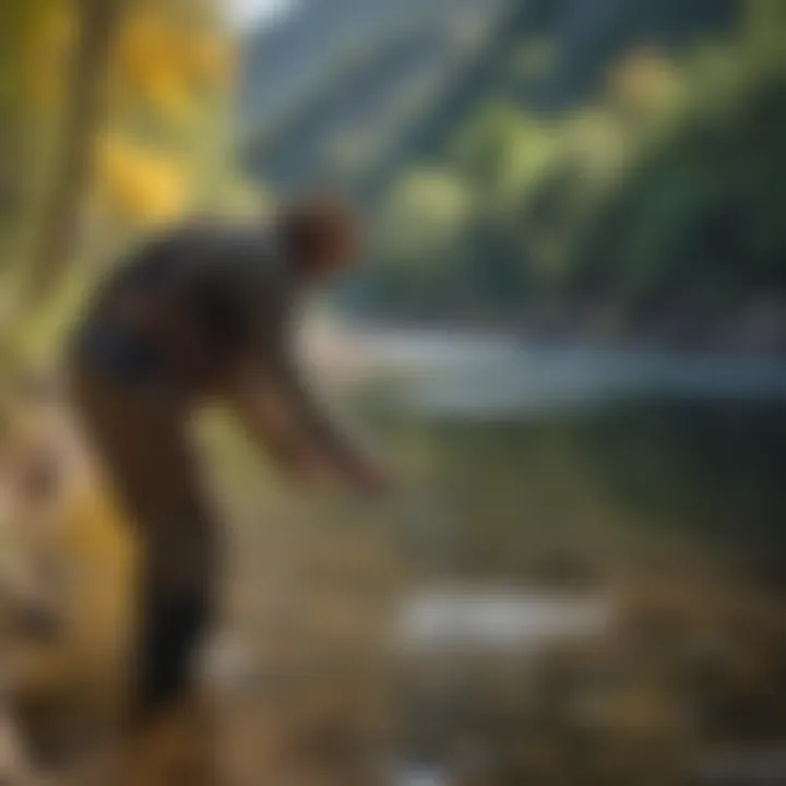 Close-up of a fisherman casting a line into a river