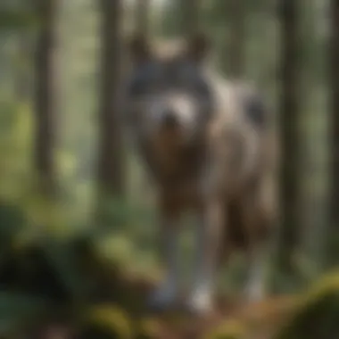 Gray Wolf in Natural Habitat A serene gray wolf in its natural habitat surrounded by dense forest.