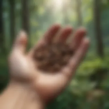 Close-up of a hand holding a handful of medicinal seeds with a natural backdrop