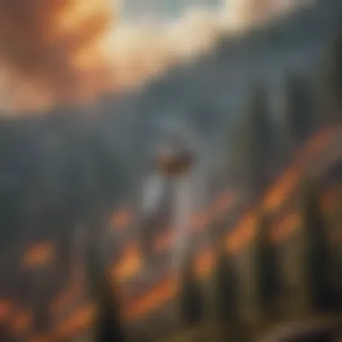 Helicopter Operations in Wildfire Management Helicopter hovering above a wildfire with flames below
