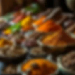 A vibrant array of dried spices displayed in decorative bowls.