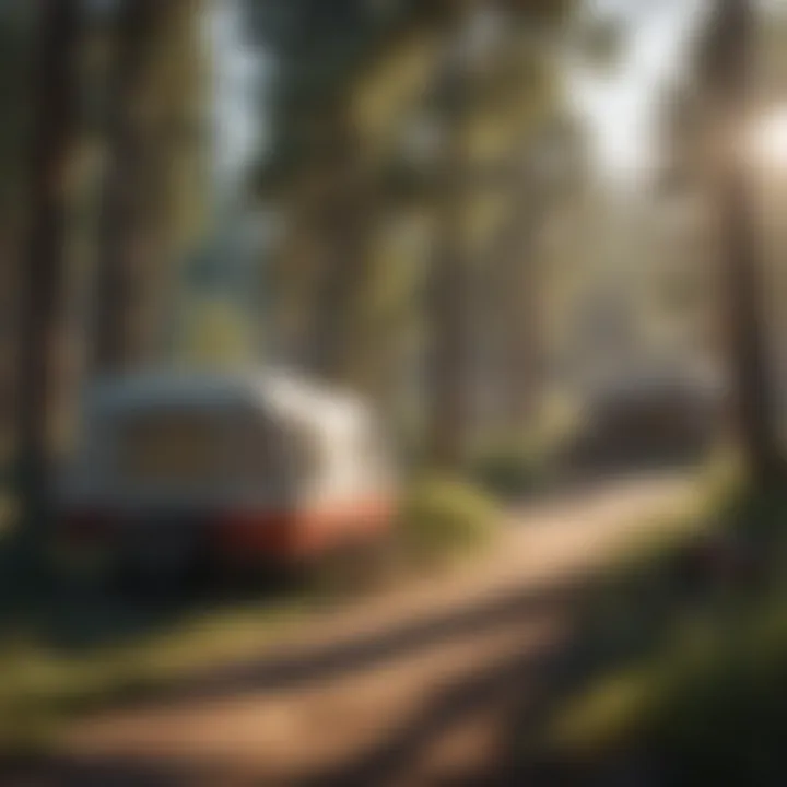A serene view of Holcomb Valley Ranch Campground surrounded by lush forest.