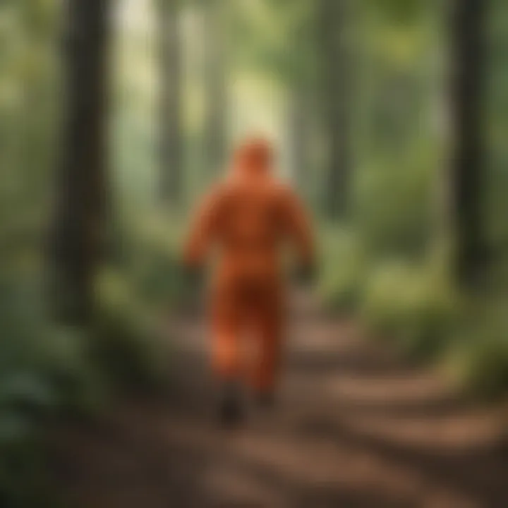 Person walking along a wooded trail with protective clothing