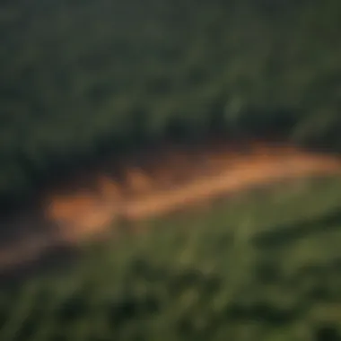 An aerial view of deforestation showing the impact of industrial activities on forests.