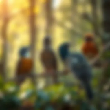 A diverse array of birds perched in a lush forest showcasing their vocalization.