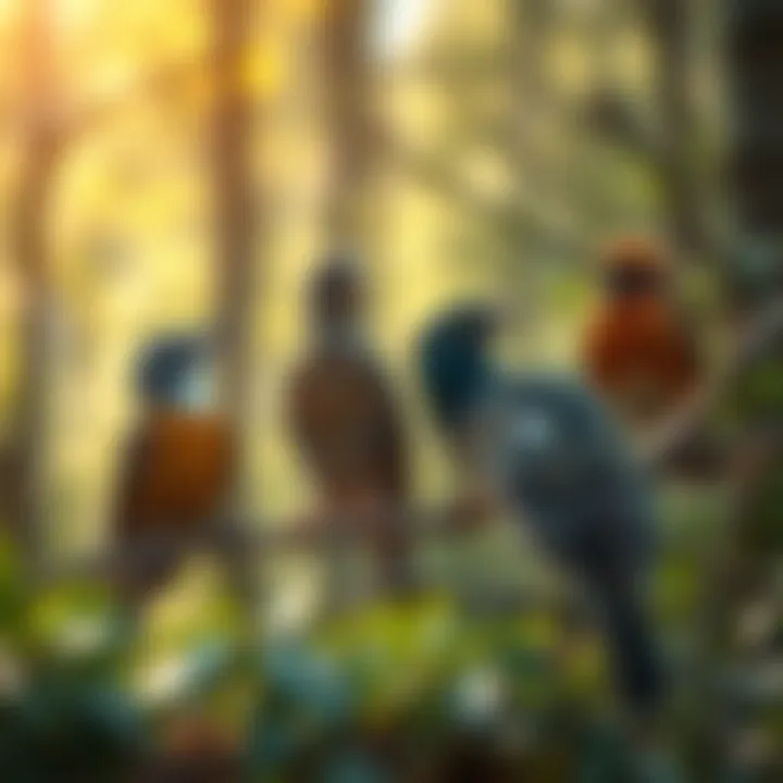 A diverse array of birds perched in a lush forest showcasing their vocalization.