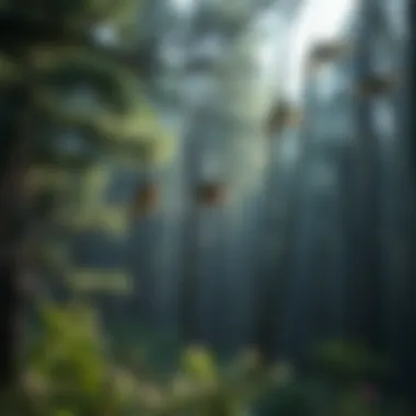 A serene forest landscape with a variety of birds in their natural habitat.