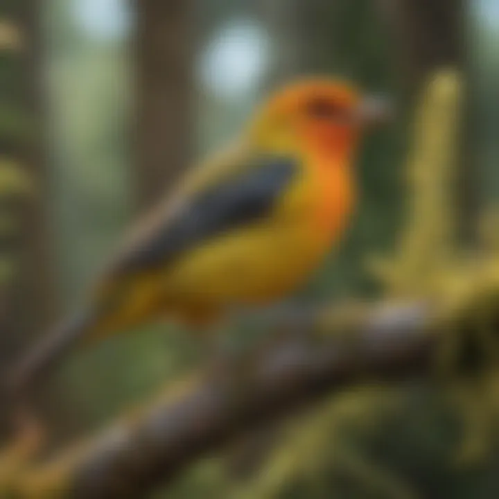A colorful Western Tanager foraging in a lush habitat