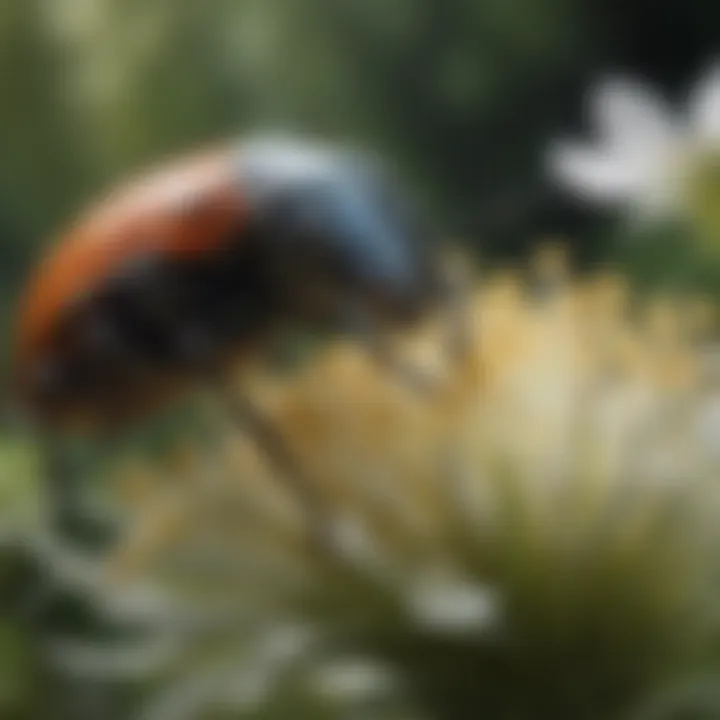 A close-up of a beetle crawling over a pollen-laden flower, illustrating its contribution to plant reproduction.