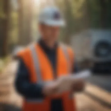 Safety Compliance Review in Transportation Inspector reviewing safety compliance documents in a transportation setting