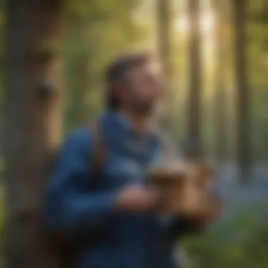 A birdwatcher observing bluebirds in nature