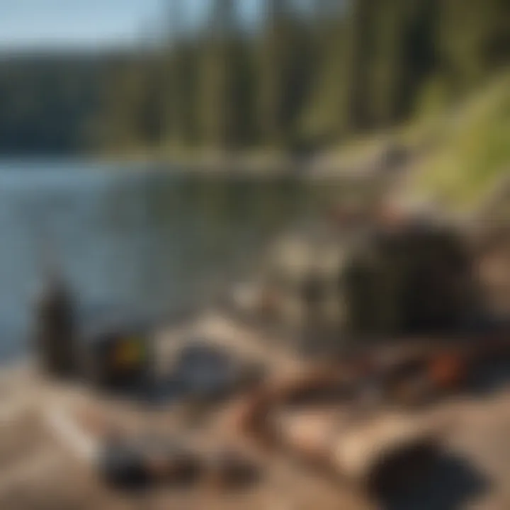 Scenic view of a fly fishing setup along the lake shore