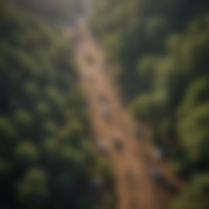 An aerial view of a community engaged in tree planting