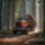 A logger truck navigating through a forested area