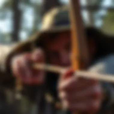 A close-up of an archer selecting a long bow tailored for sport.