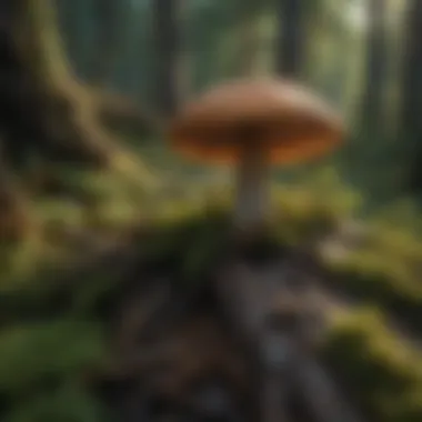 A close-up of a unique mushroom species growing on a decaying log.