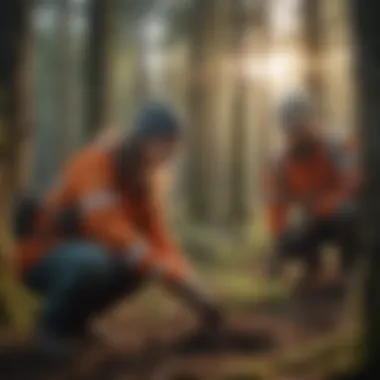 Volunteers planting trees in a forest