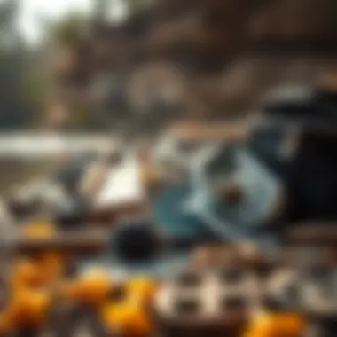 Close-up of fishing gear laid out by the riverbank, showcasing essential equipment.