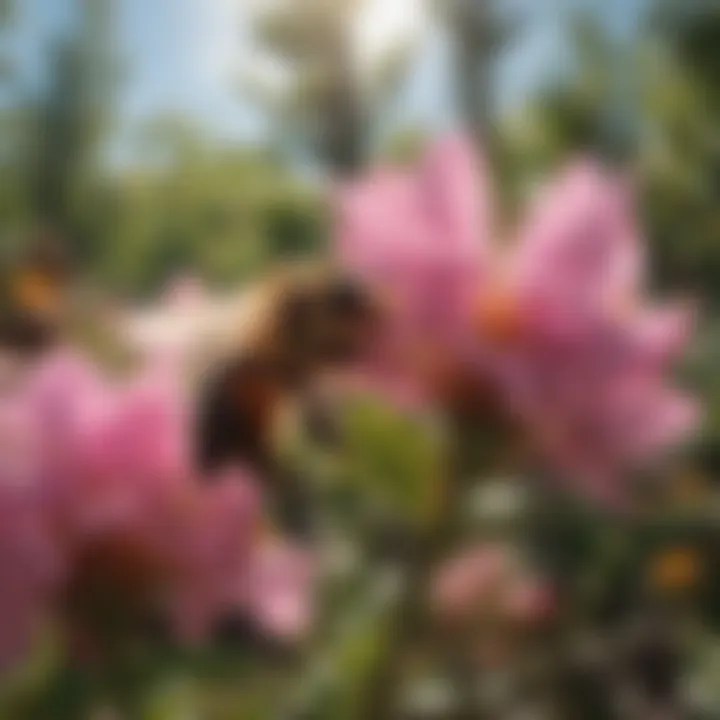 Close-up of a bee pollinating a vibrant flower on a tree