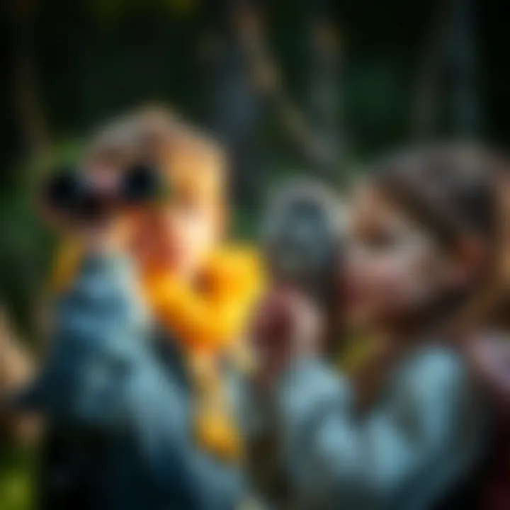 Children Observing Owls in Nature An engaging outdoor activity where children are observing owls in their natural habitat with binoculars.
