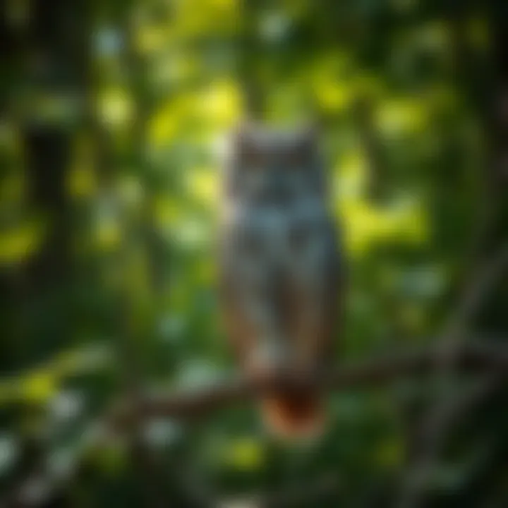 Majestic Owl in Woodland Setting A serene woodland scene showcasing a majestic owl perched on a branch surrounded by lush greenery.