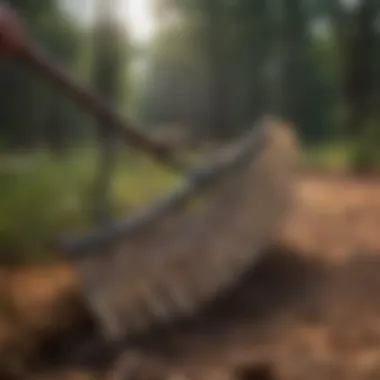 Close-up of specialized pine straw rakes in action