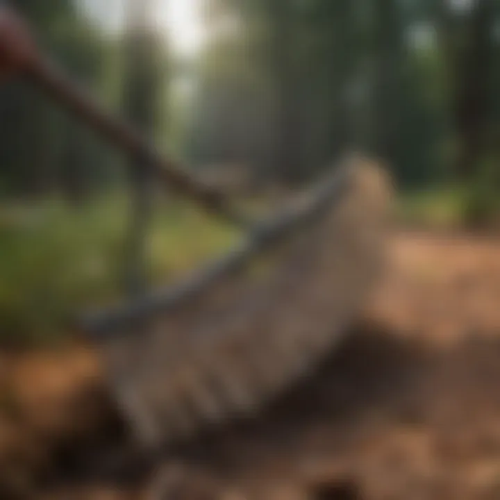 Close-up of specialized pine straw rakes in action