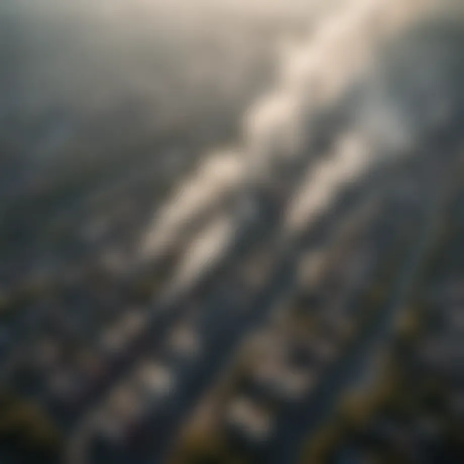 Aerial view of urban pollution showcasing smog and industrial emissions