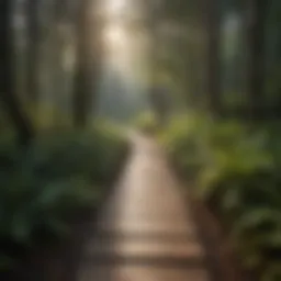 A scenic view of a portable wooden pathway winding through a lush forest.