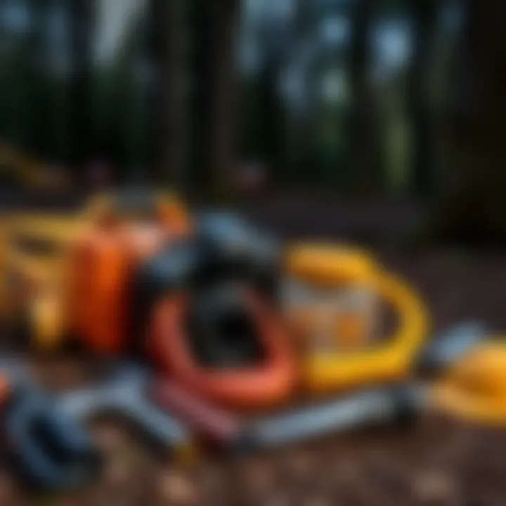 Firefighting equipment arranged neatly, highlighting essential tools for woodland fire management.