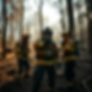 Training Exercise A group of firefighters engaging in training exercises within a woodland area, demonstrating teamwork.