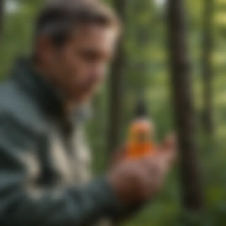 An individual applying insect repellent on clothing before heading outdoors.