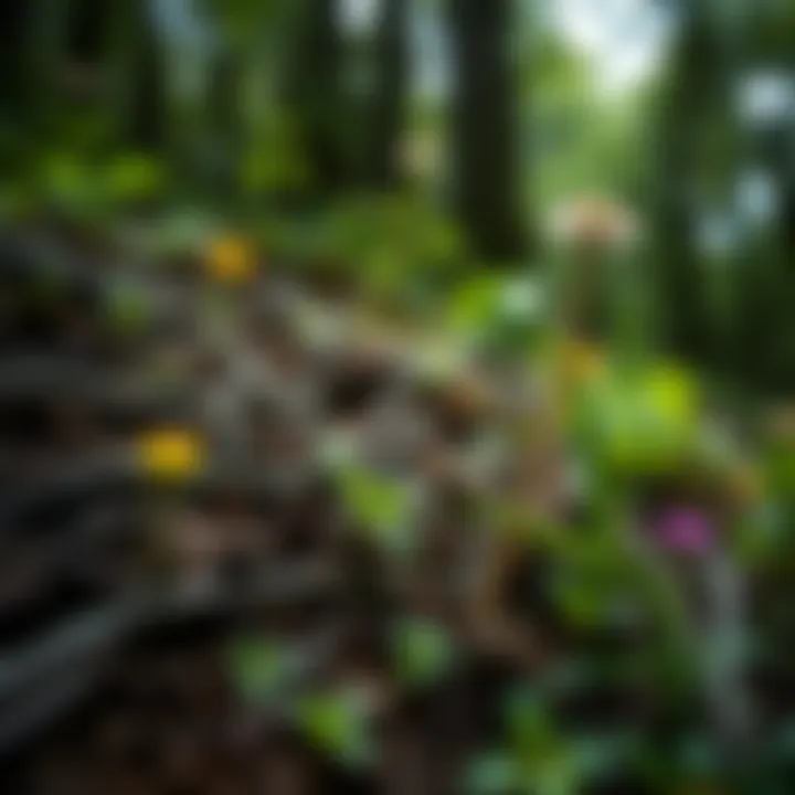 Close-up of soil health indicators and diverse flora in woodland