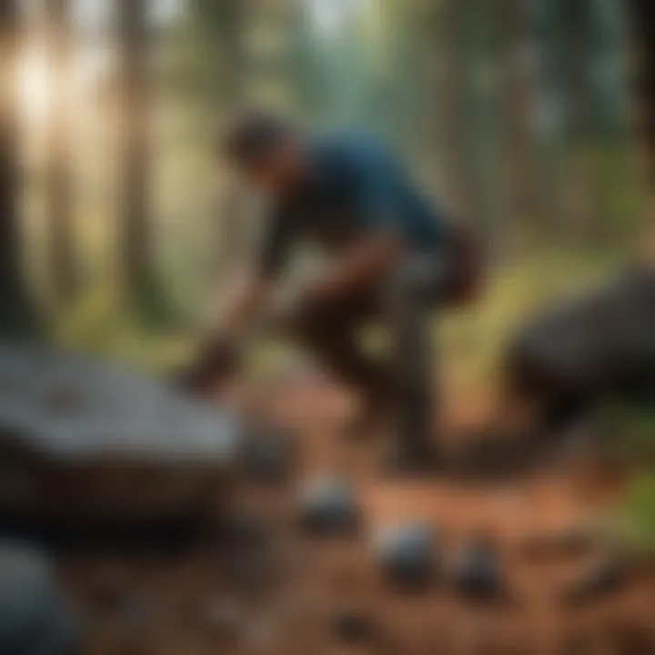 A person using a specialized tool for removing rocks in a woodland area