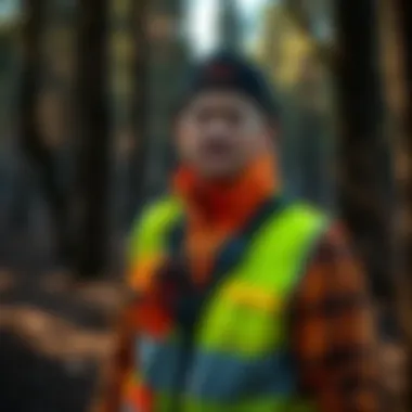 High-visibility vest worn in woodland areas to ensure operator safety during chainsaw usage.