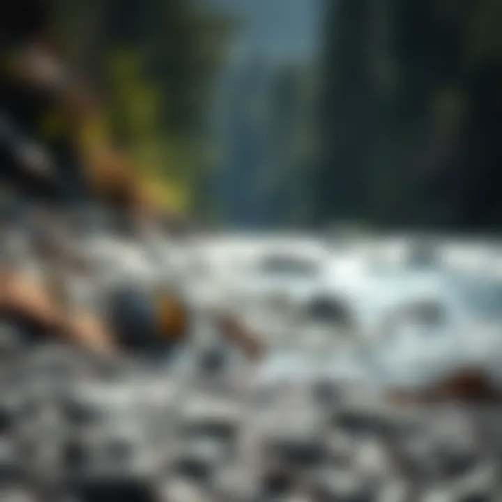 Fishing Gear on the Riverbank Fishing gear laid out on rocky riverbank