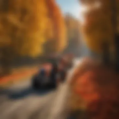 A vibrant autumn landscape with seasonal workers harvesting crops.