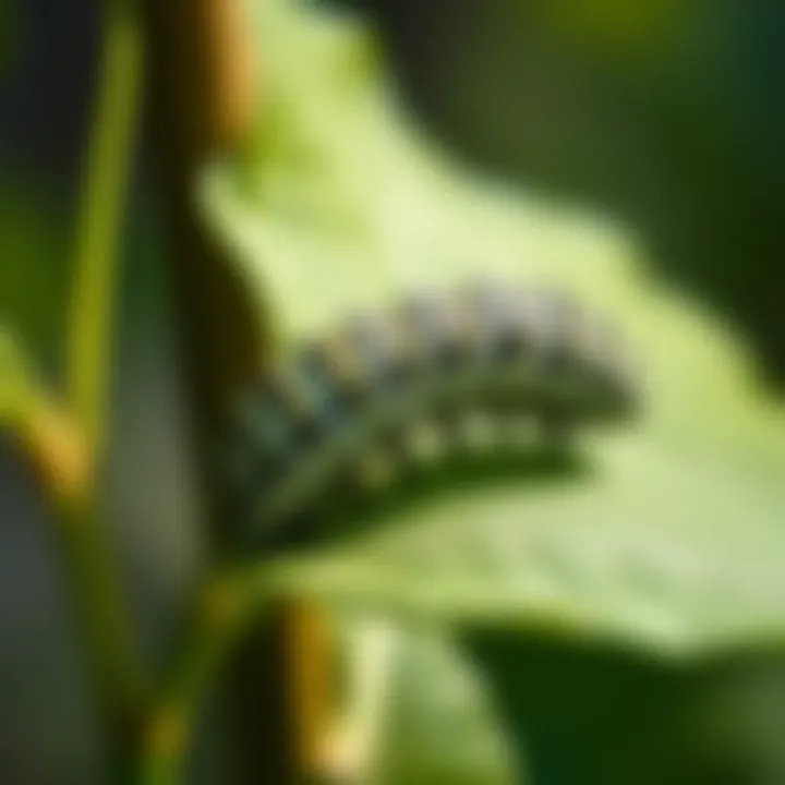Close-up of a monarch caterpillar munching on milkweed leaves