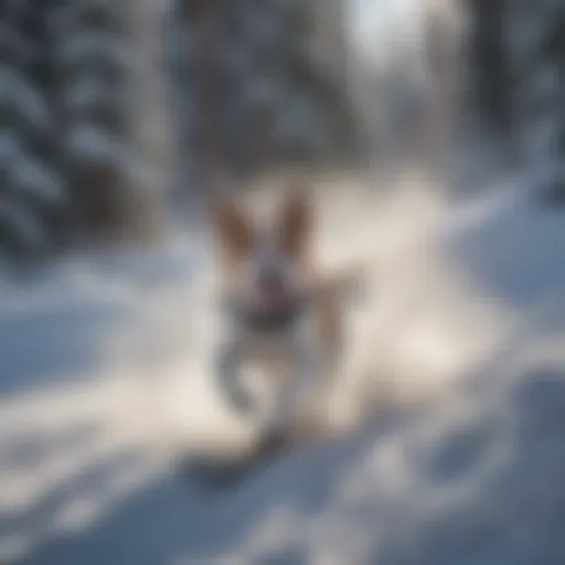 A dog enthusiastically pulling a skier through snowy terrain