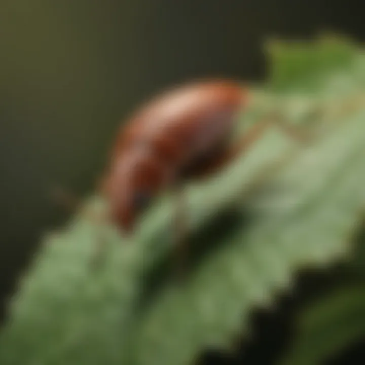 Close-up of an elm seed beetle on a leaf