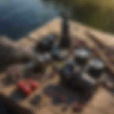 Fishing gear and tackle arranged neatly on a wooden dock