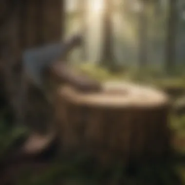 Traditional Axe for Stump Removal A traditional axe leaned against a large tree stump, symbolizing manual methods.